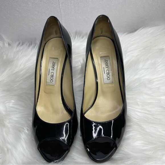 Jimmy Choo Patent Leather Peep Toe Heels Black 40 - Picture 2 of 12